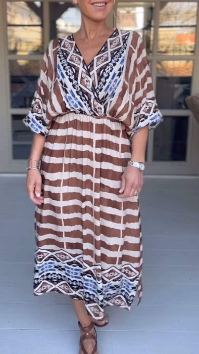 V-neck Mid-sleeve Printed Casual Dress