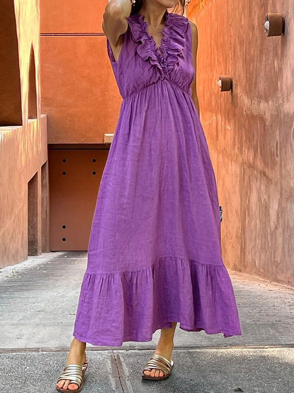 Ruffled neckline solid color cotton and linen dress