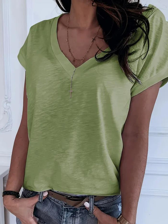 Solid V-neck Simple T-Shirt