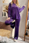 Women's Casual Round Neck Suede Shiny Two-piece Suit