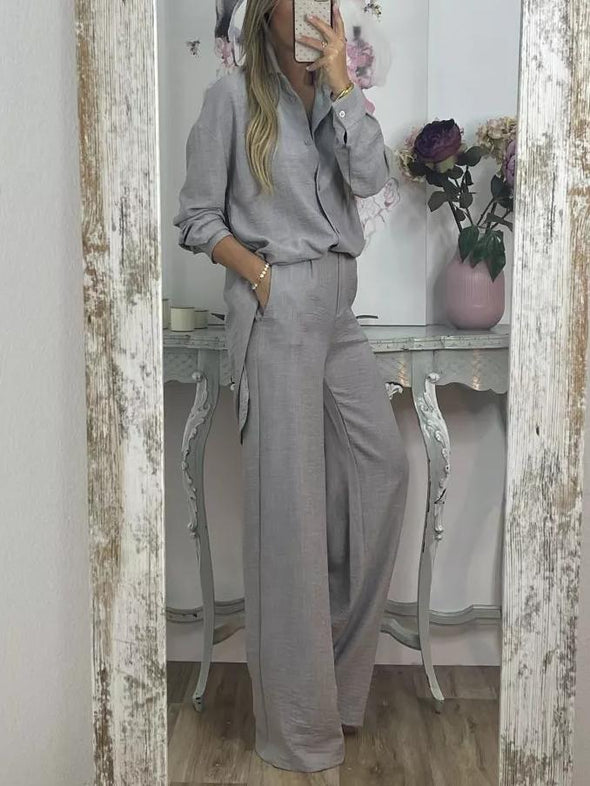 Women's Casual Solid Color Top and Wide Leg Pants Set