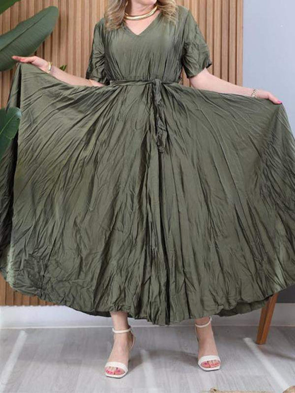 Women's V-neck Solid Color Pleated Dress