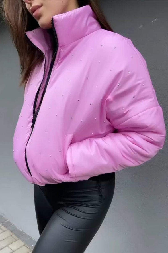 Women's Casual Stand Collar Diamond Short Cotton Coat