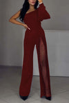 Women's fashionable and sexy sloping shoulder high slit jumpsuit