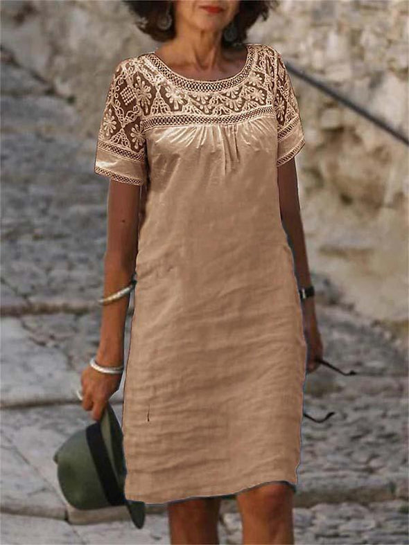 Round neck short sleeve embroidered hollow cotton and linen dress