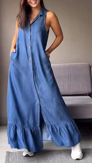 Thin Denim Sleeveless Lapel Dress