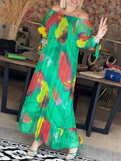 One-shoulder Chiffon Printed Mid-sleeve Dress