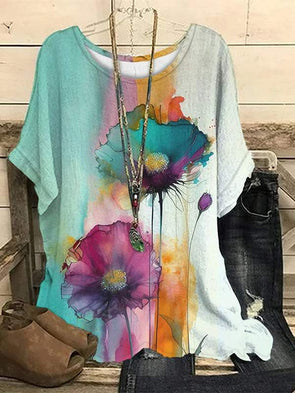 Casual Round Neck Ink Printed Short Sleeve Top