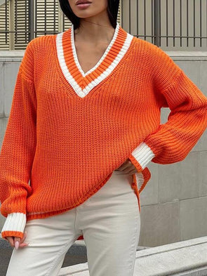 Women's V-neck Long Sleeve Knitted Sweater