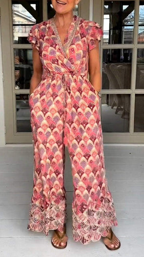 Casual V-neck Short-sleeved Printed Jumpsuit