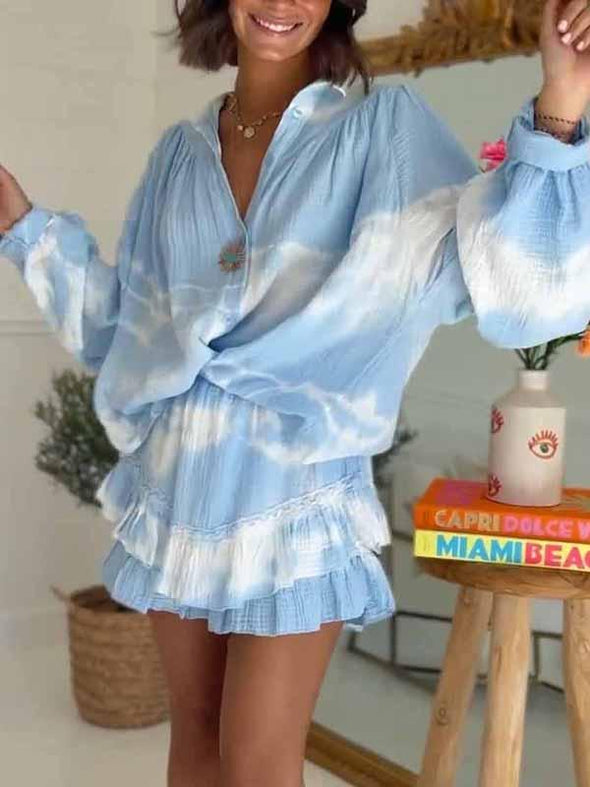 Women's V-neck Tie-dye Short Two-piece Suit