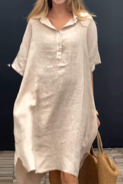 V-neck Buttoned Cotton and Linen Dress