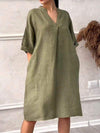 Comfortable spring and summer cotton and linen v-neck solid color dress