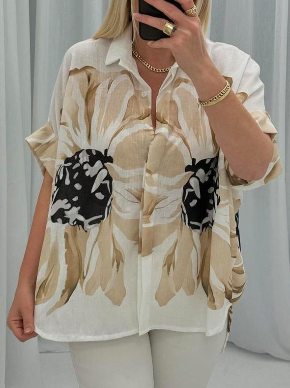 Women's Floral Print Lapel Mid-sleeve Casual Top