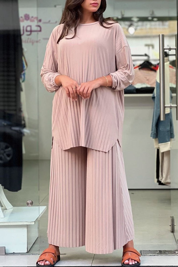 Women's solid color long pleated top and pants set