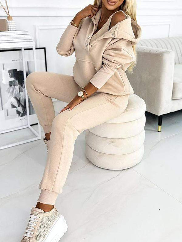 Women's Half-button Hooded Long-sleeved Casual Sports Suit