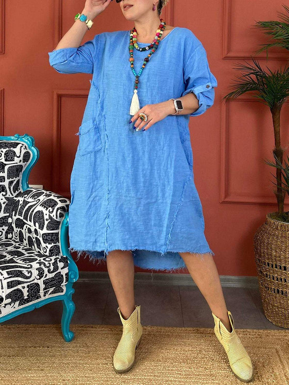 Women's Casual Solid Color Pocket Mid-Sleeve Cotton and linen Dress