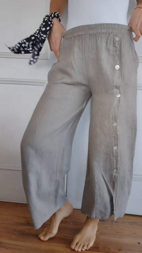 Side Button Slit Loose Cotton and Linen Trousers