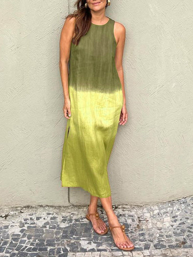 Women's casual cotton and linen sleeveless slit gradient tie-dye long dress