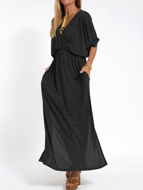 Women's Casual Solid Color V Neck Slit Dress