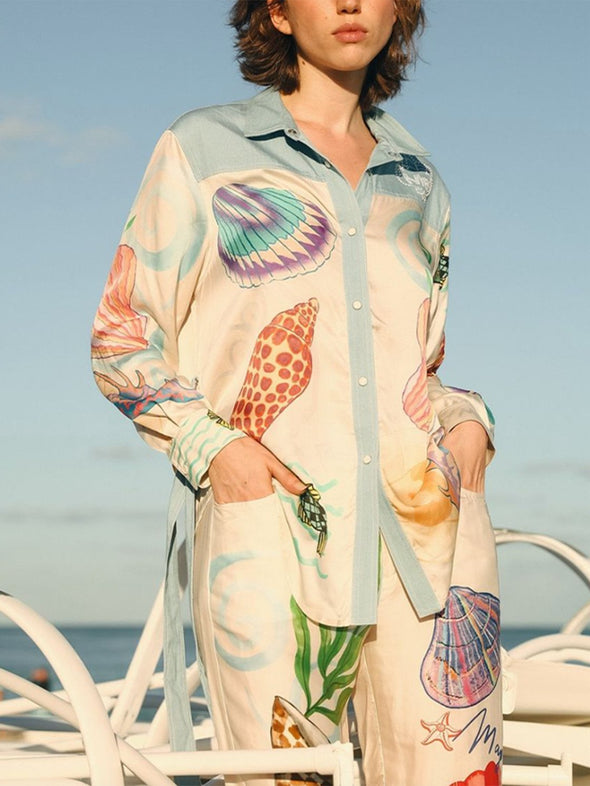 Holiday Ocean Shell Print Long Sleeve Pants Suit