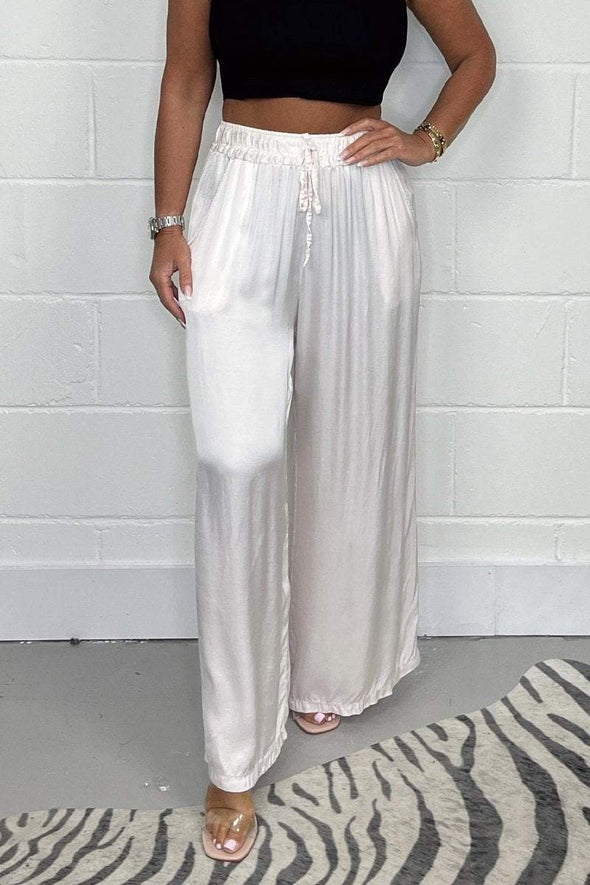 Satin lace-up elastic waist trousers