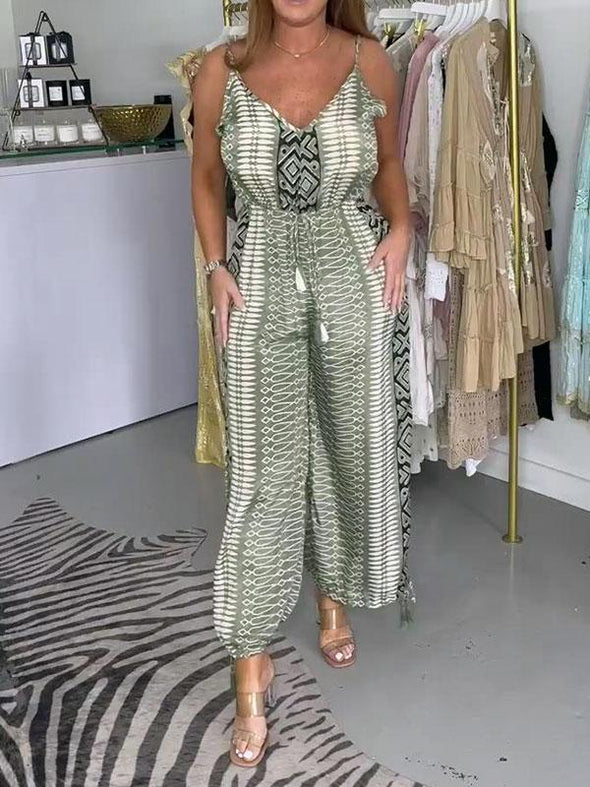 Women's Boho National Print Drawstring Wide Leg Jumpsuit