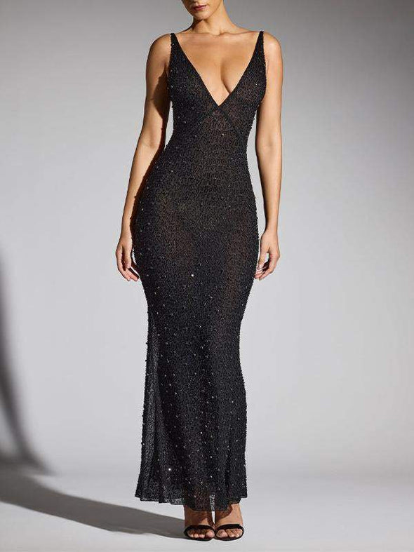 Women's Deep V Neck Sleeveless Sequined Evening Dress