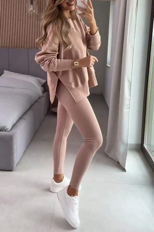 Women's Casual Round Neck Solid Color Side Opening Two Piece Suit