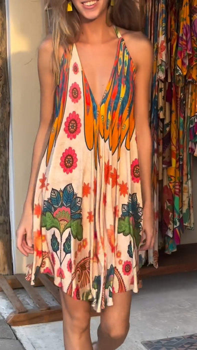 Resort Style Deep V-neck Backless Printed Dress