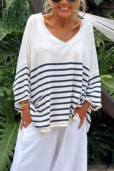 V-neck striped knitted T-shirt