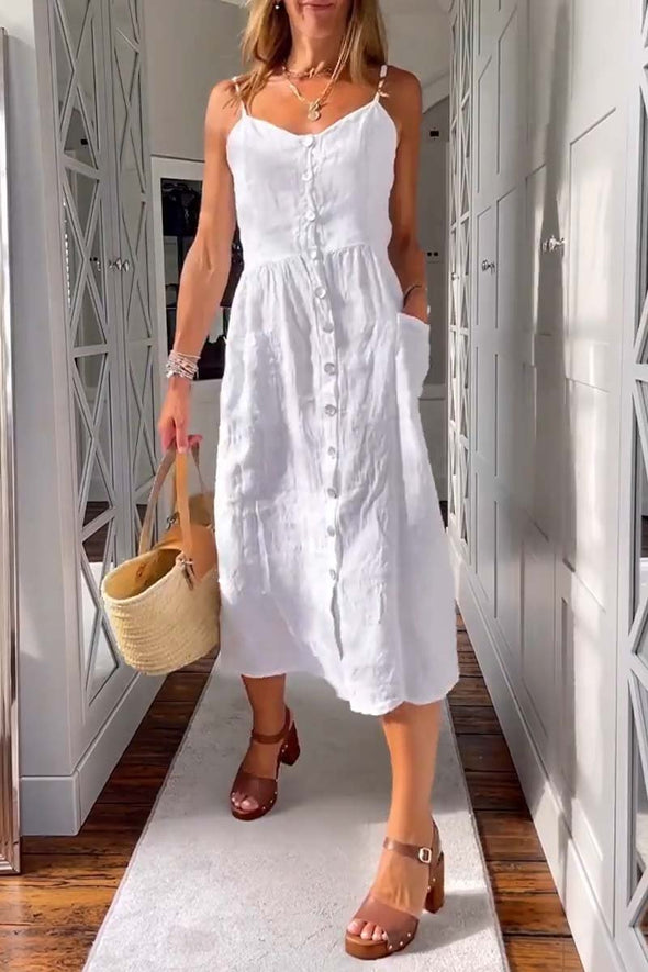 Casual single breasted cotton and linen dress