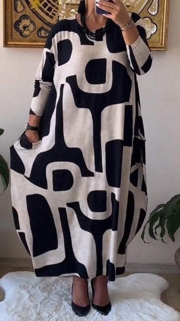 Comfortable Long-sleeve Dress with Crew Neck Print