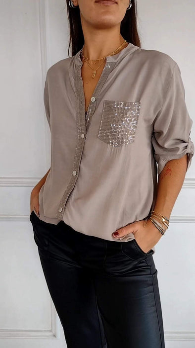 Cotton V-neck Sequin Mid-sleeve Casual Top