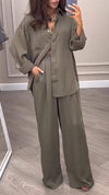 Lapel Long-sleeved Top + Wide-leg Pants Two-piece Suit