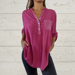 Sequin Patchwork V-neck Shirt