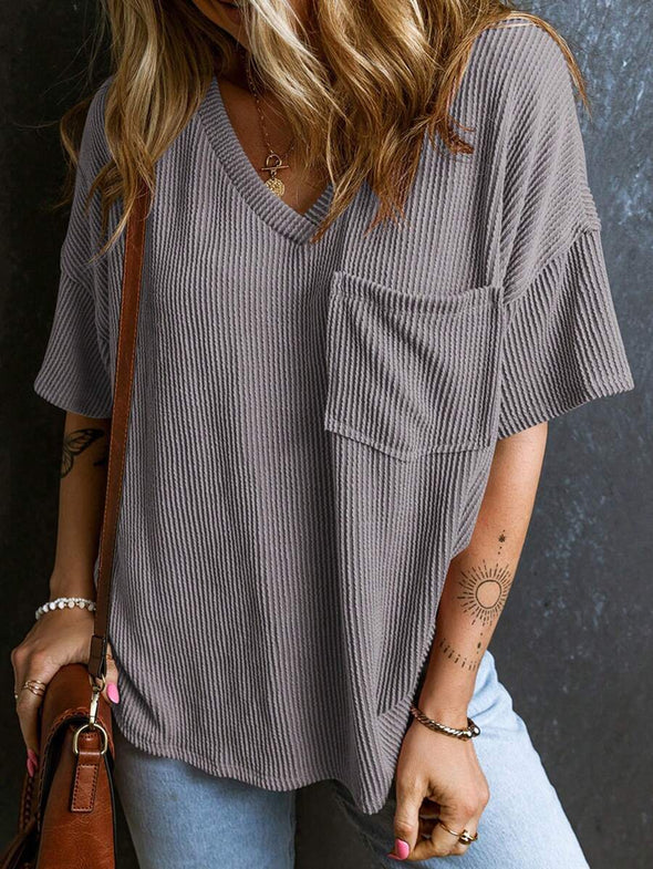 Casual V-neck Summer Pocket Design T-shirt