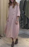 Women's Casual Round Neck Solid Color Cotton and Linen Dress