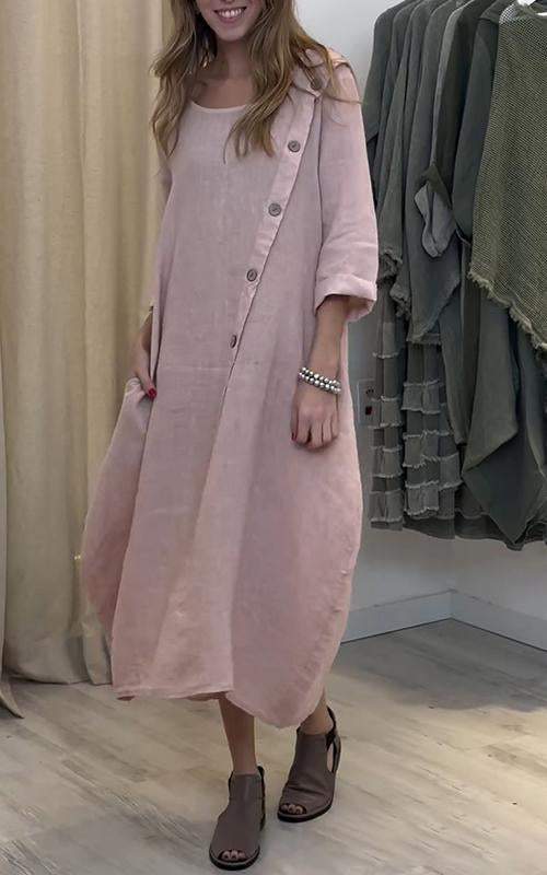 Women's Casual Round Neck Solid Color Cotton and Linen Dress