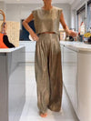 Women's Casual Glossy Vest and Wide Leg Pants Two-piece Set