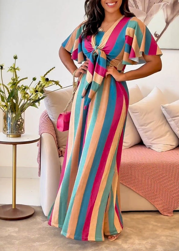 V-neck Short-sleeved Rainbow Striped Dress