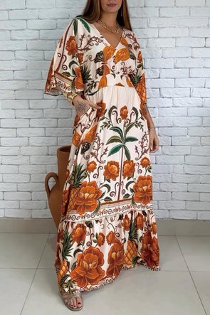 Women's V-neck printed maxi dress