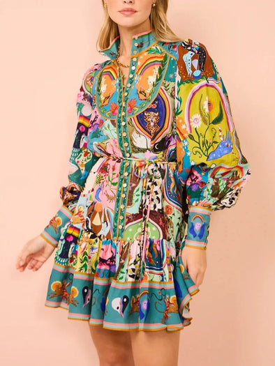 Women's Resort Ethnic Floral Print Long Sleeve Mini Dress