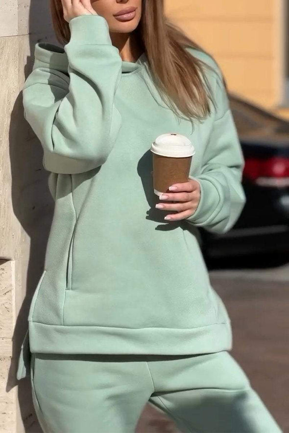 Women's Solid Color Hooded Sweatshirt Two Piece Set