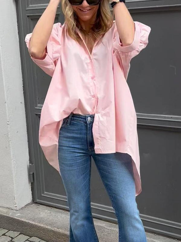 Plain Color Irregular Slit Shirt