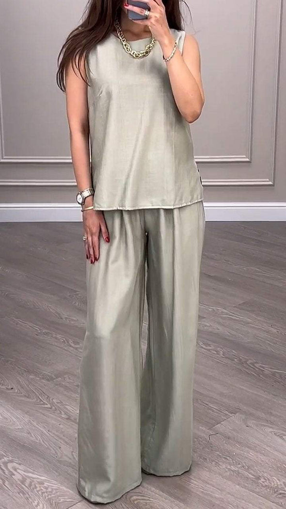 Round Neck Sleeveless Top + Wide Leg Pants Two-piece Suit