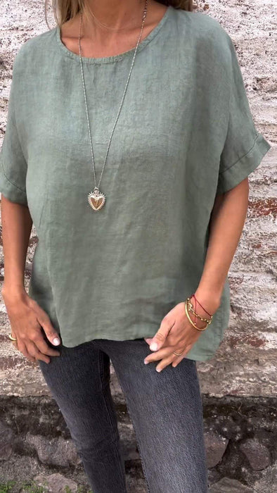 Round Neck Cotton And Linen T-Shirt