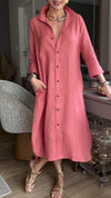 Cotton and Linen Lapel Casual Mid-sleeve Dress