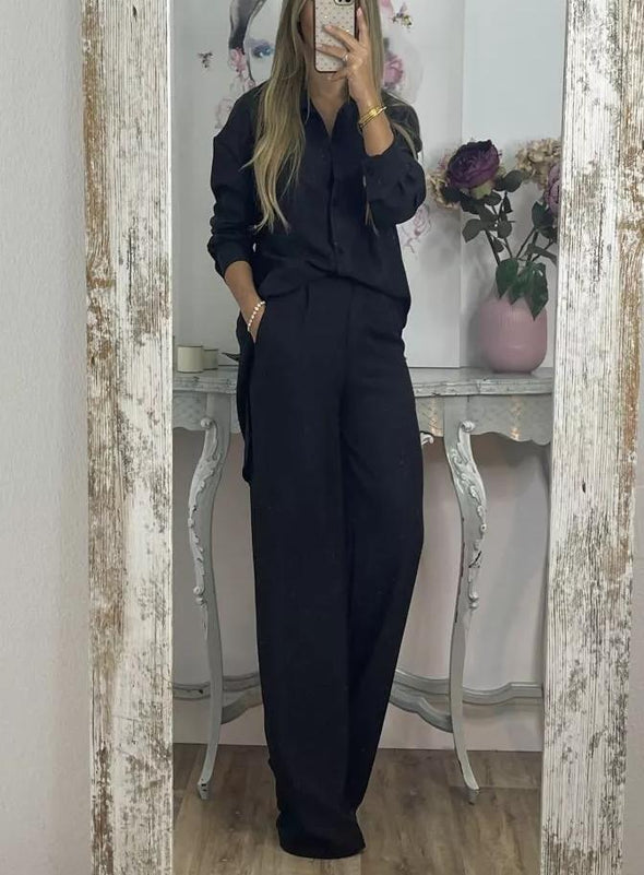 Women's Casual Solid Color Top and Wide Leg Pants Set