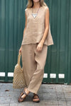 Solid color cotton and linen sleeveless suit